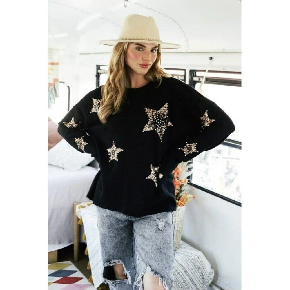 Fantastic Fawn Oh My Stars Sequin + Pearls Sweater in Black IFKT54447-01